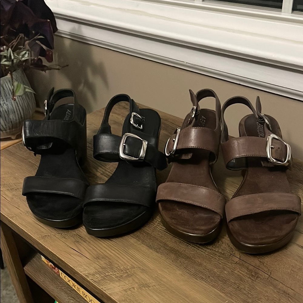 AEROSOLES Black and Brown Two-Strap Sandals